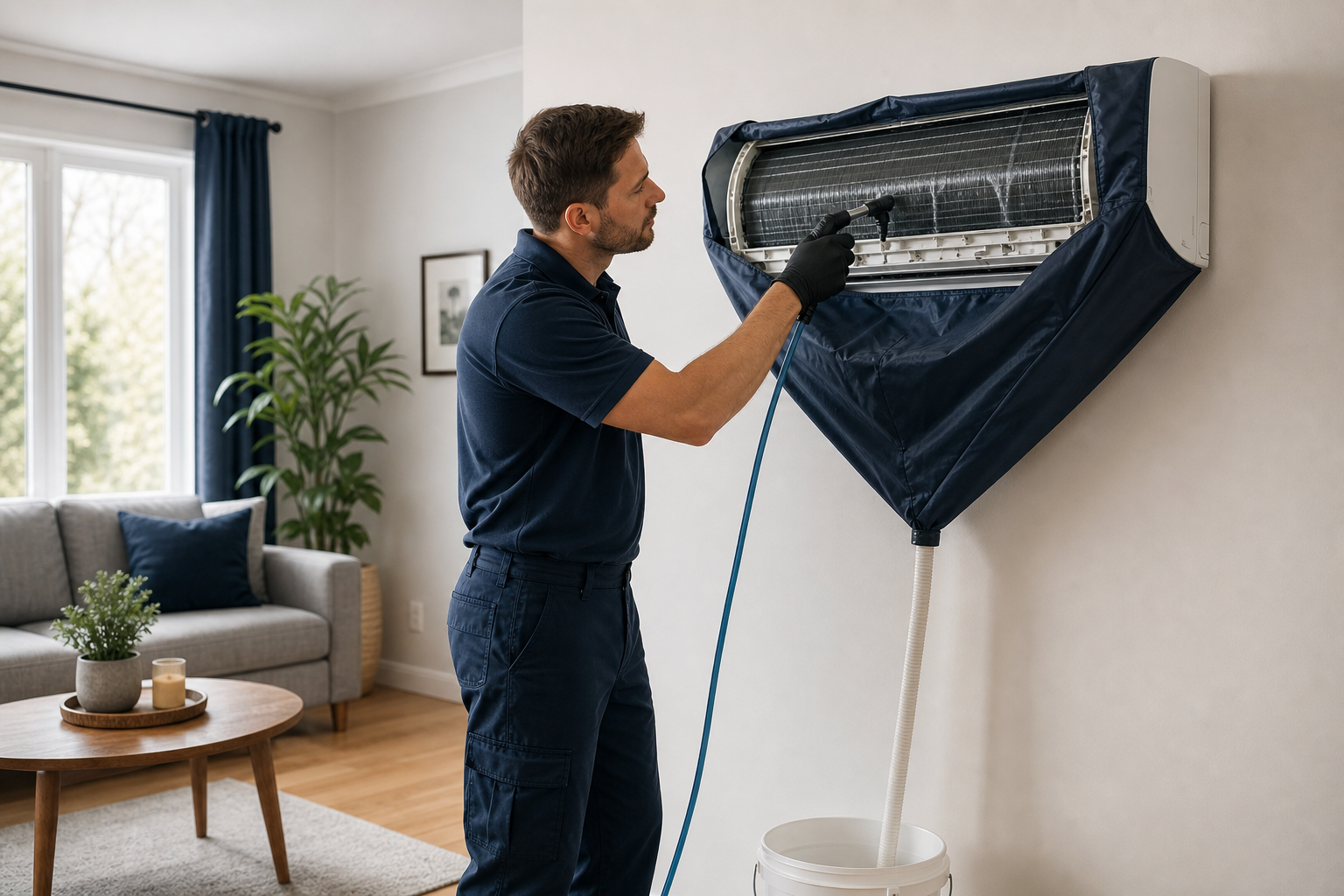 Technicien nettoyant un climatiseur mural dans une maison